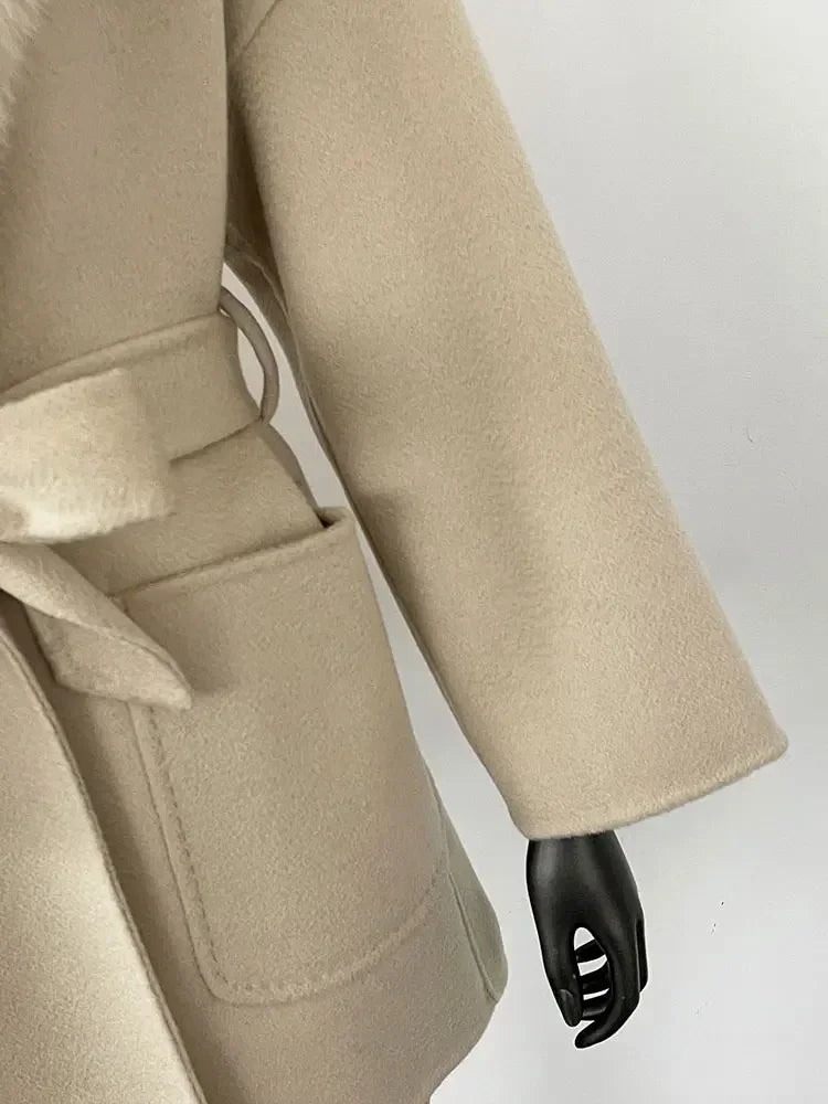 2025 Winter Fashion Women Double-sided Wool Cashmere Coat with Detachable Natural Fox Fur Collar Luxurious Genuine Fur Coat