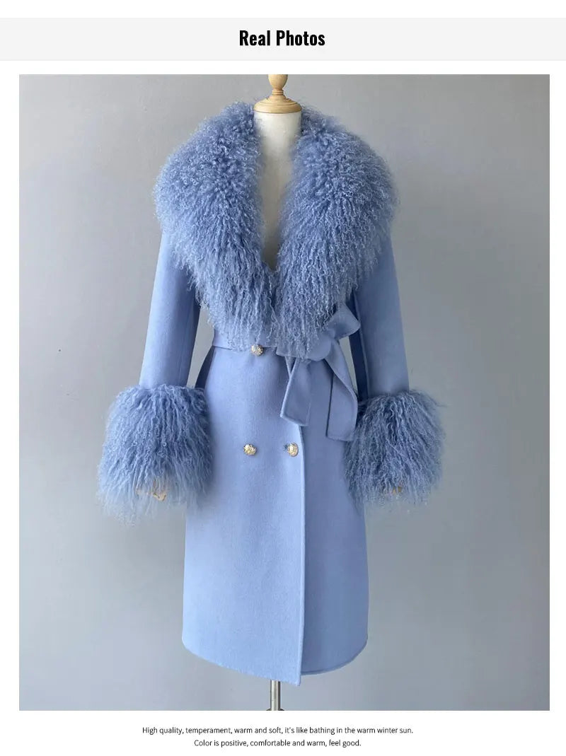 Women Cashmere Wool Coat With Real Mongolian Sheep Fur Collar  Ladies Autumn Winter Fashion Long Outwear Full Sleeve Fur Jacket