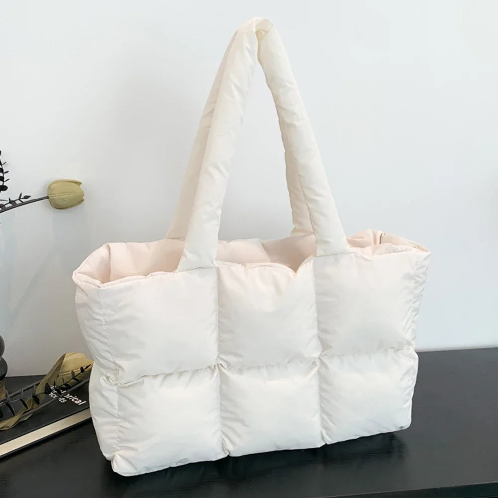 Women Padded Handbag Solid Color Quilted Single Shoulder Bag Large Capacity Soft Cloud Tote Bag Trendy Commuting Bags