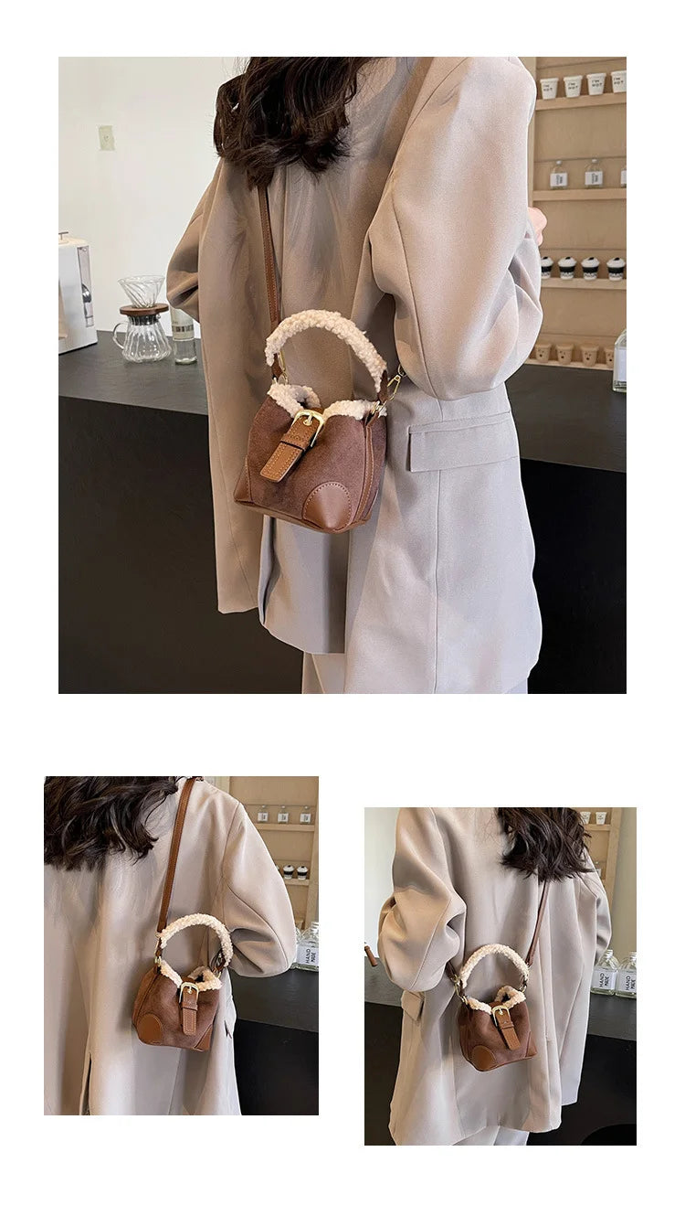 Women's Bags Bucket Shoulder Handbag Autumn Winter Vintage Versatile Lamb Wool Handbag Elegant Fashion Crossbody Bag Wholesale