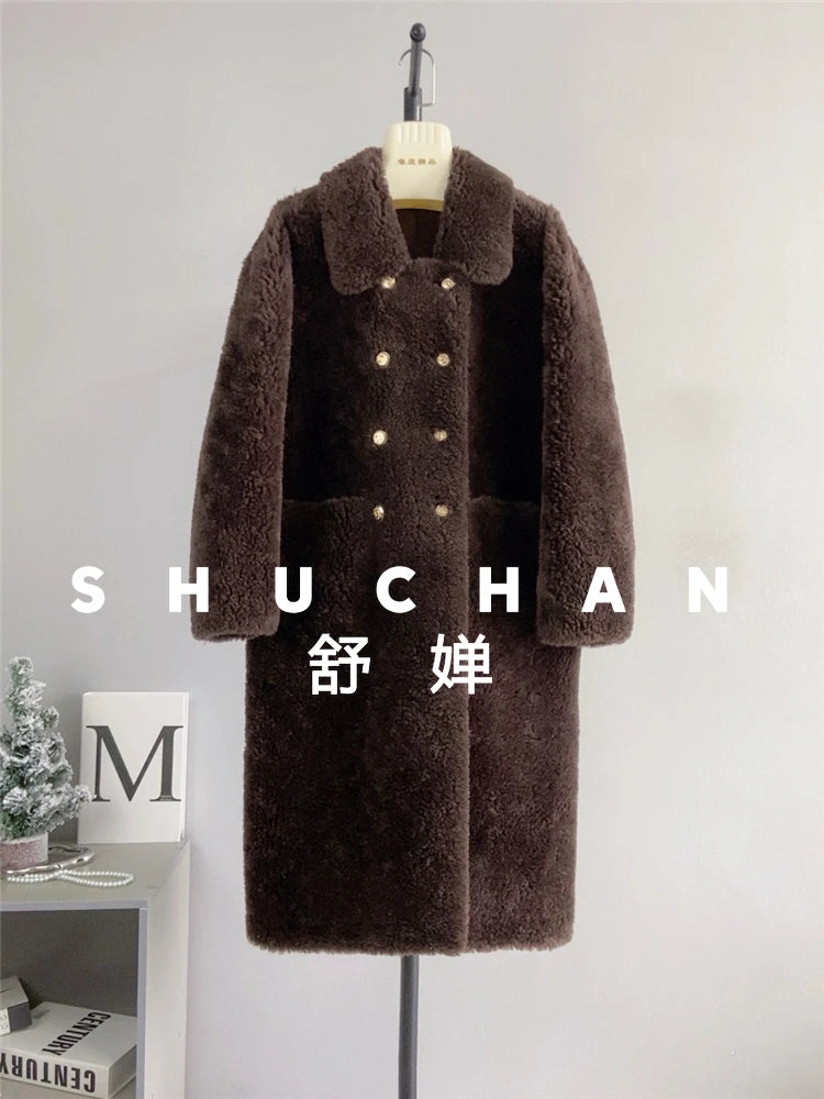 100% Wool Coat Women New Warm Sheep Shearing Long Solid Color Long Coat Lamb Wool casacos femininos inverno 2025