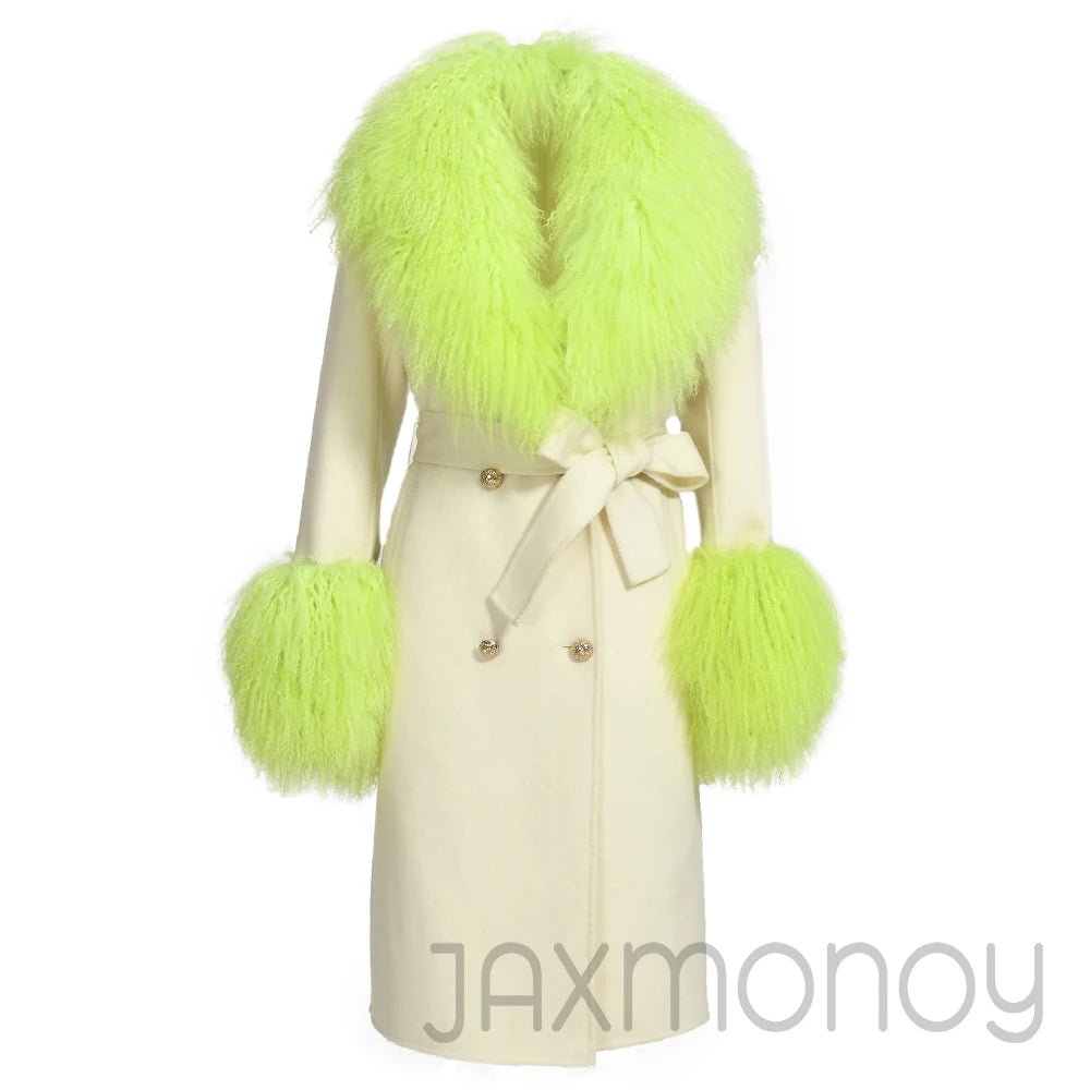Women Cashmere Wool Coat With Real Mongolian Sheep Fur Collar  Ladies Autumn Winter Fashion Long Outwear Full Sleeve Fur Jacket