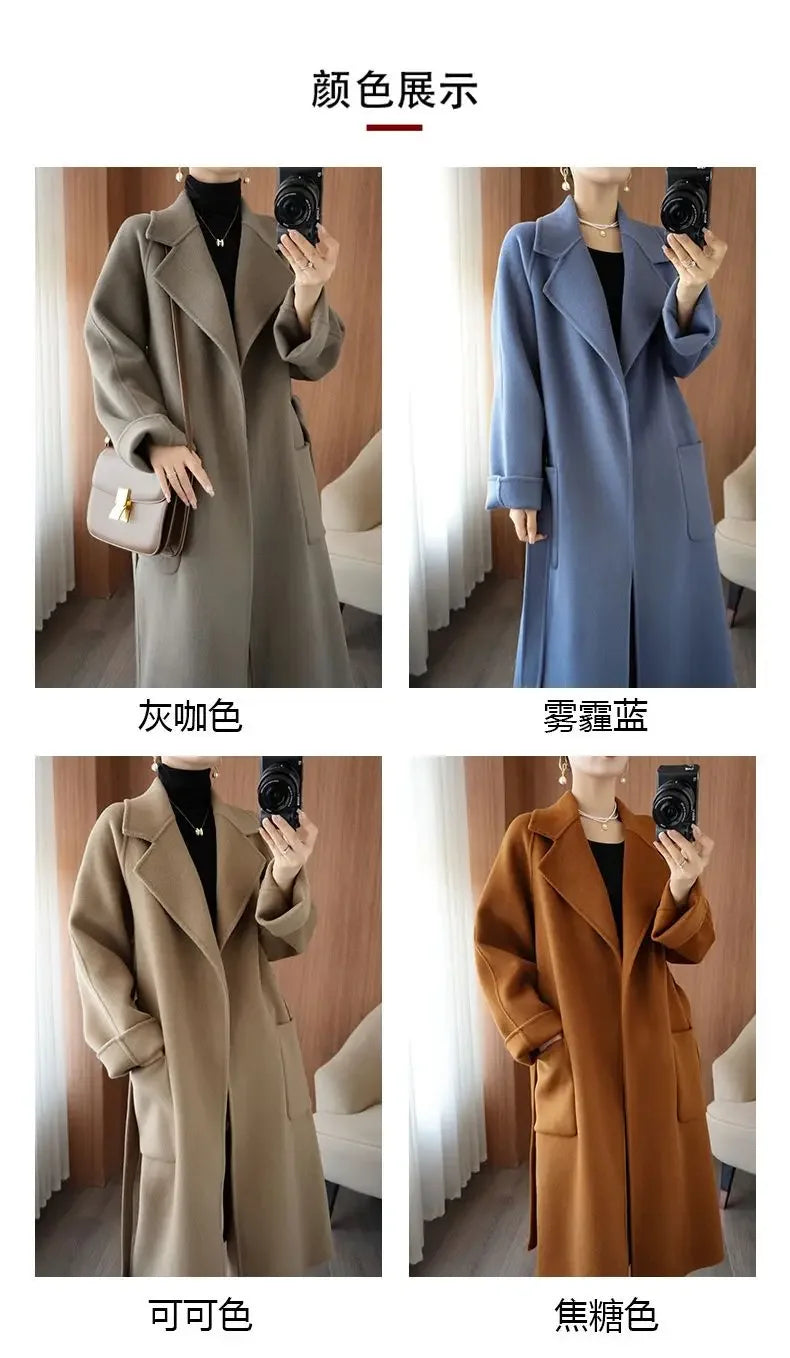 100% Wool Coat Women's Wear 2025 Autumn/Winter Fashion Temperament Double sided Cashmere Coats with Belt Elegant Long Overcoat