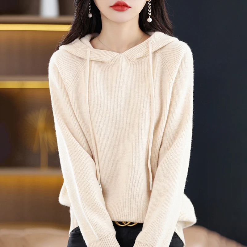 2023 New Cashmere hooded sweater Women Long Sleeve Autumn and Winter Knit hooded Pullover Solid Color Cashmere Base