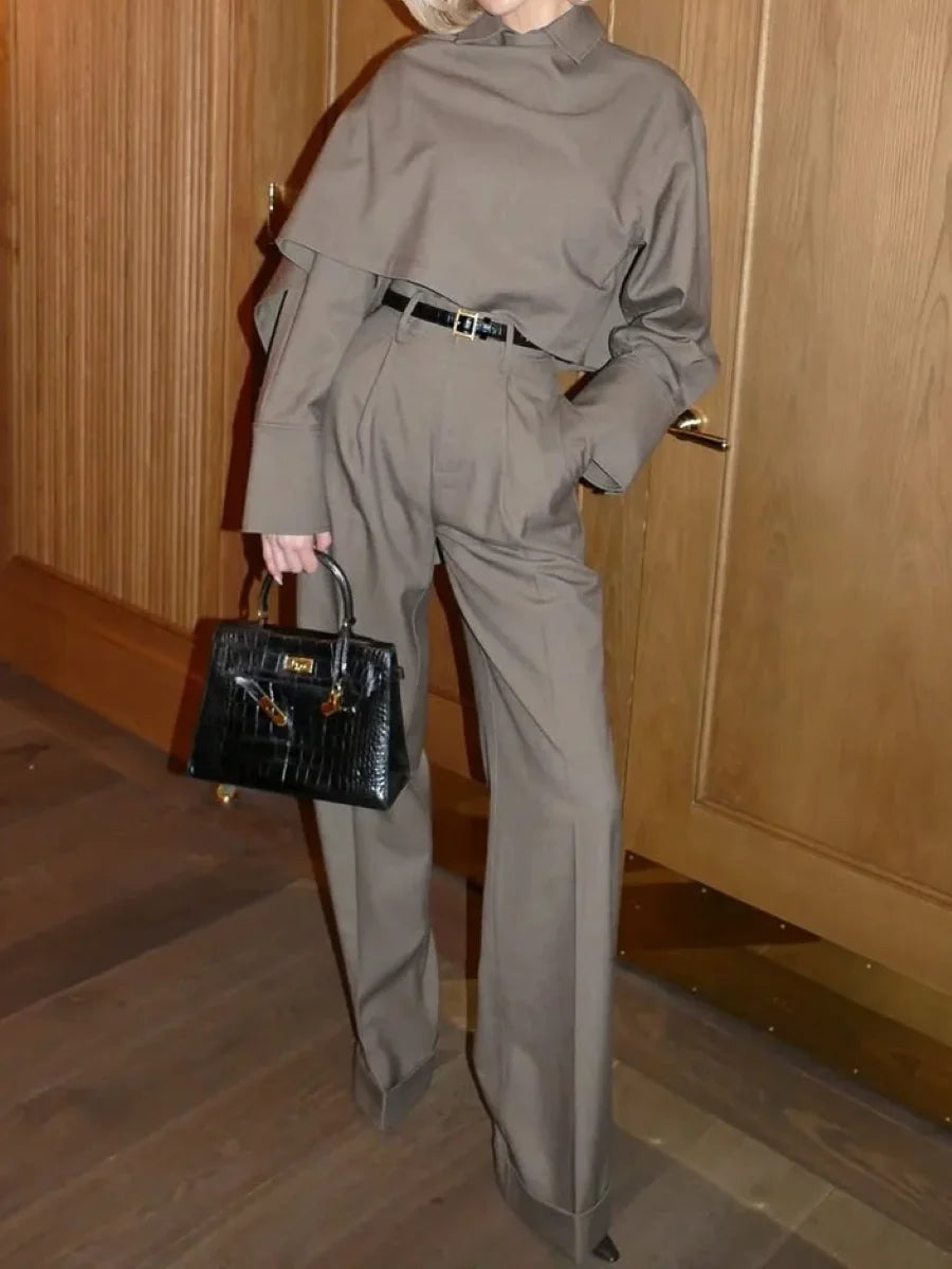 Women's Fashion 2-Piece Set Turn-down Collar Irregular Cloak Style Shirt + High Waist Straight Long Pants Elegant Ladies Suit