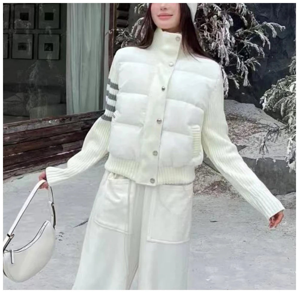 Womens Jacket Stand Collar Quilted Patchwork Knit Sleeves Casual Versatile Jacket Essential Autumn And Winter Item Trafizaran