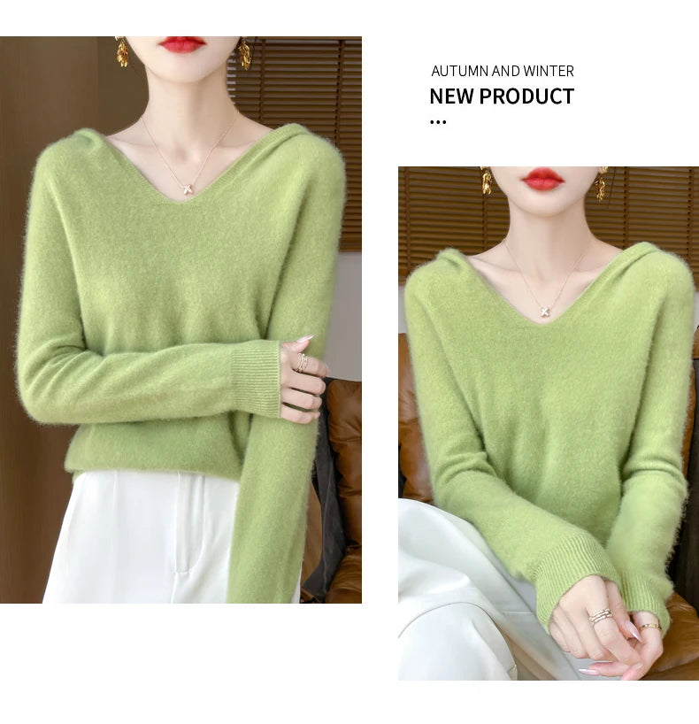 Women Autumn Winter Clothing Hooded Collar Pullover 100% Merino Wool Sweater New Fashion Cashmere Tops Bottoming Knitwear Soft