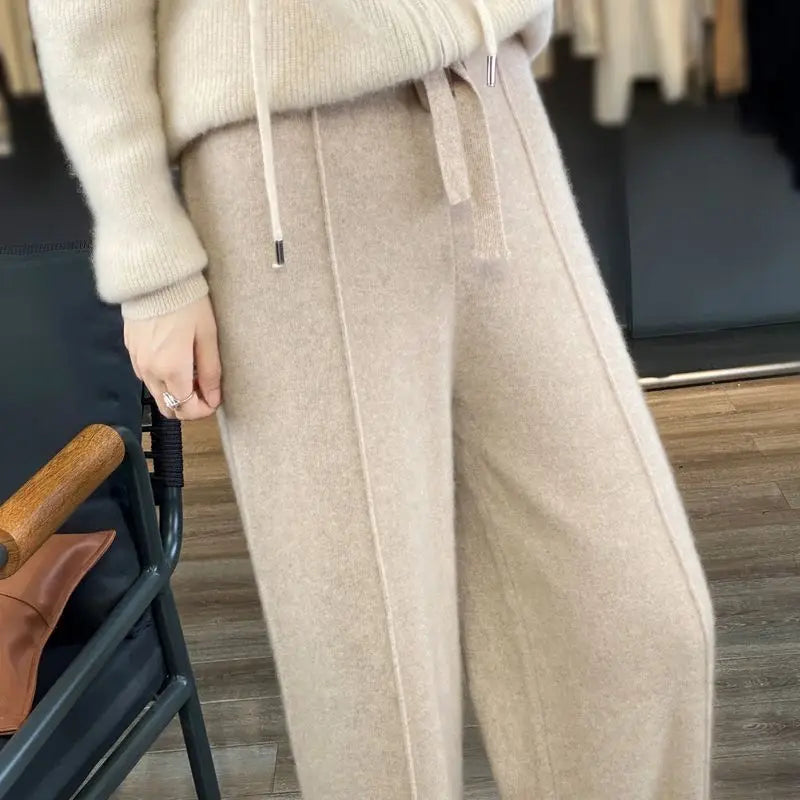 Cashmere Sweatpants Women Autumn Winter Fashion High Waisted Drawstring Warm Pants Casual Solid Knitted Cashmere Insulation Pant