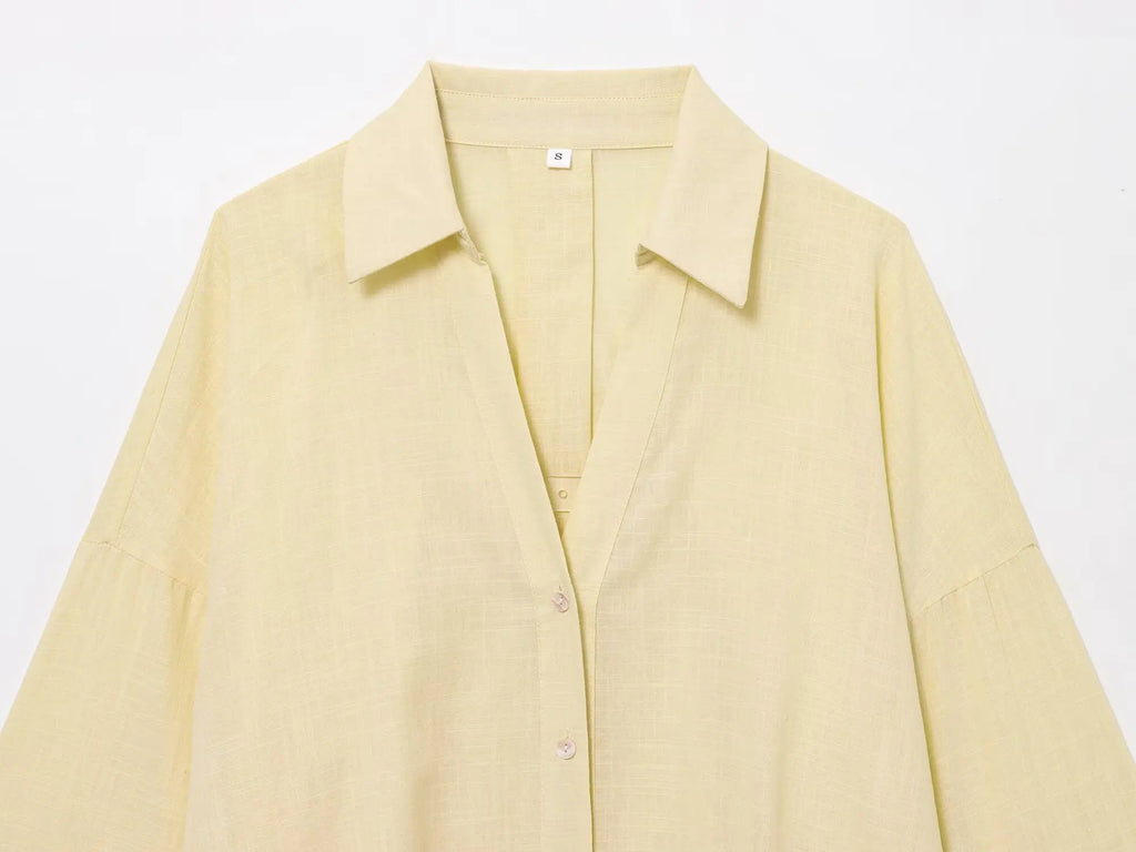 2025 Women Yellow Shirt Fashion Cotton Linen Wide-sleeved Short Shirt Single-breasted Casual Loose Blouse Mujer Roupas