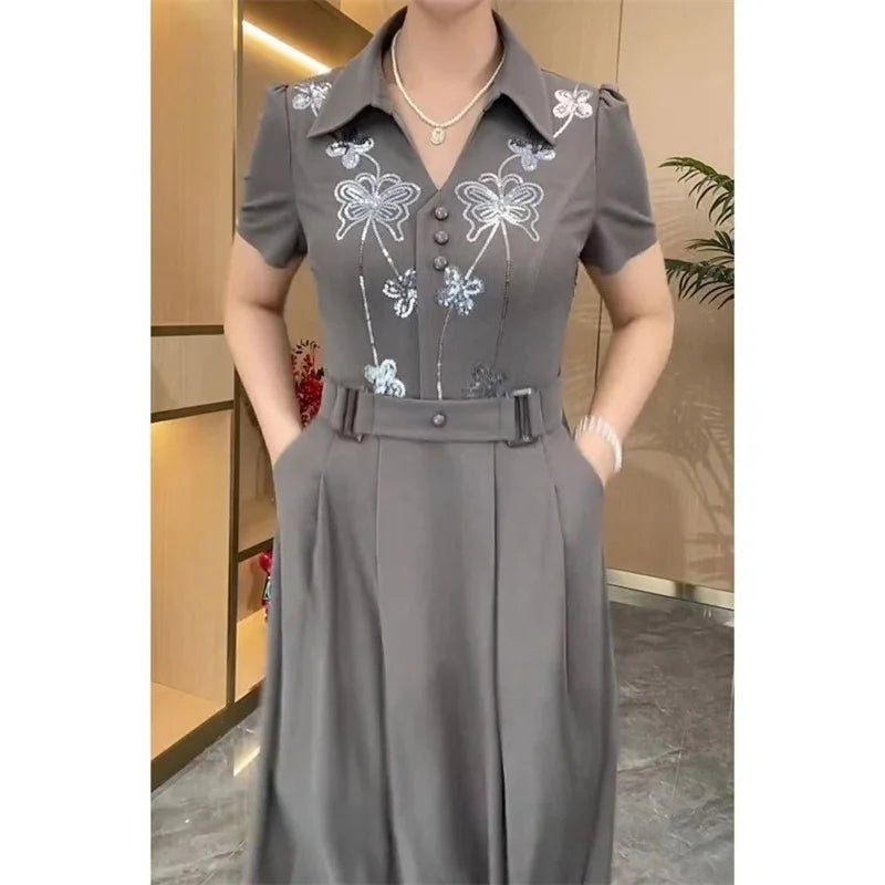 Women Western Style Dress Summer Spring New Fashion High-end Sequin Long Dresses Middle Aged Mother Elegant Slim Vestidos Mujer