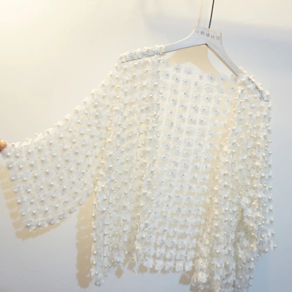 Women Beads Coat Style Women Perspective Shawl Fashion Hollow Out Lace Boleros Short Sleeve Coats Jackets Femal