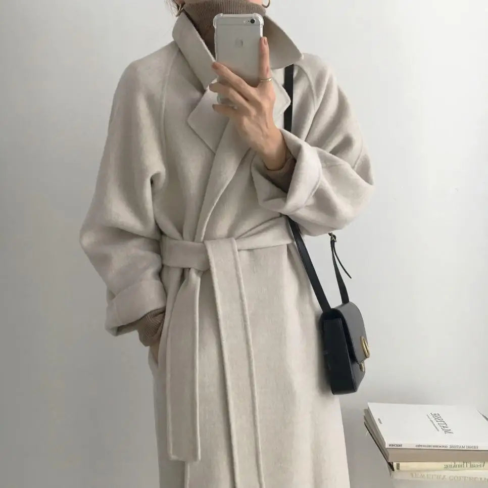 Elegant Woolen Coat Women's 2025 Autumn Winter Mid Length Adjustable Waist Thick Casual Long Sleeve Fashion Wool Coats Female