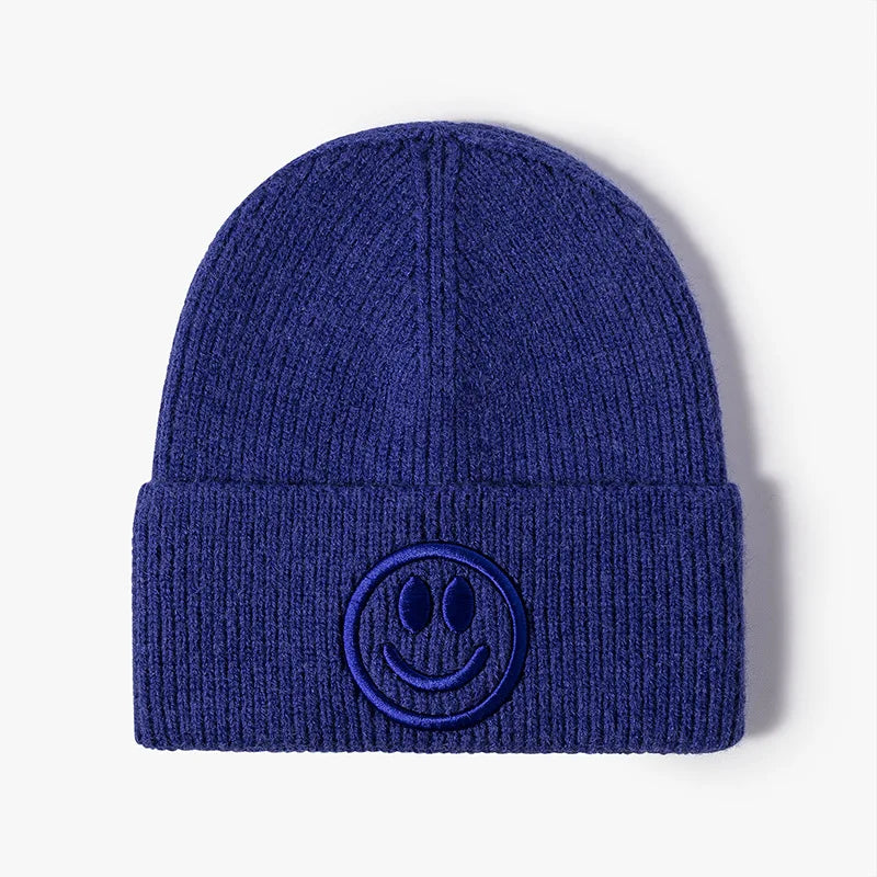 Wool hat female Korean versioncartoonsmiley face embroidered knittedautumn andwintermen'soutdoorwarm thickened brimless cold hat
