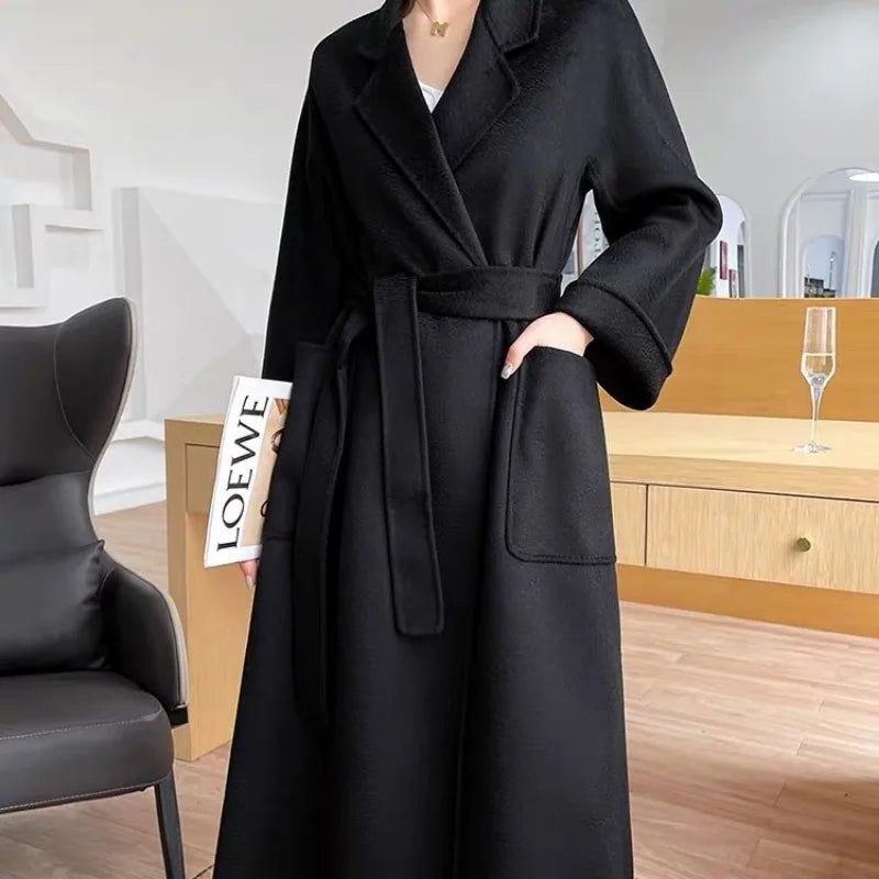 2023 New Reversible Cashmere Coat Women Long Below The Knee High-End Water Ripple Wool Coat Autumn Winter Loose Lace-up Outwear