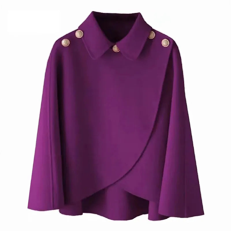 Fashion Woolen Shawl Coat For Women 2025 Autumn Winter New Woolen Jacket Short Outerwear Cape Red Black Coat Tops Female