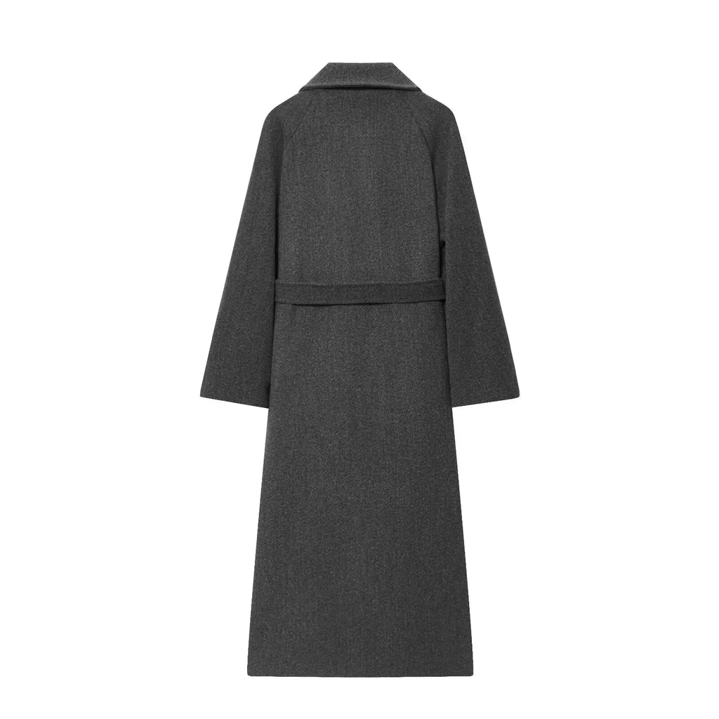 HH Winter Elegant Women Turn-Down Collar Long Coat Solid Long Sleeves Pocket Belt Double-Breasted Female Slim Windbreaker Coats