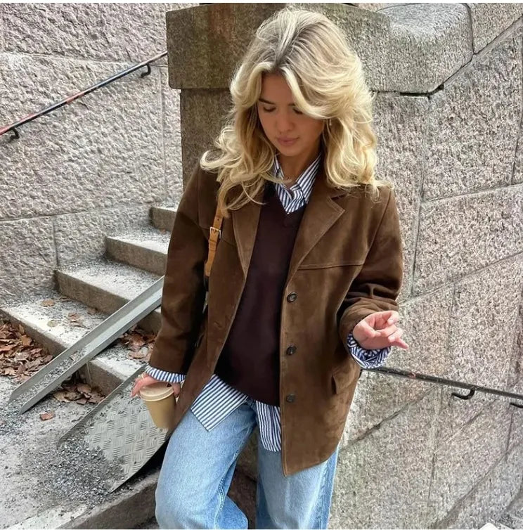 2024 Autumn Winter Woomen Suede Jacket With Lapel Woman Casual Single Breasted Pocket Long Sleeve Short Coat Street Overcoat