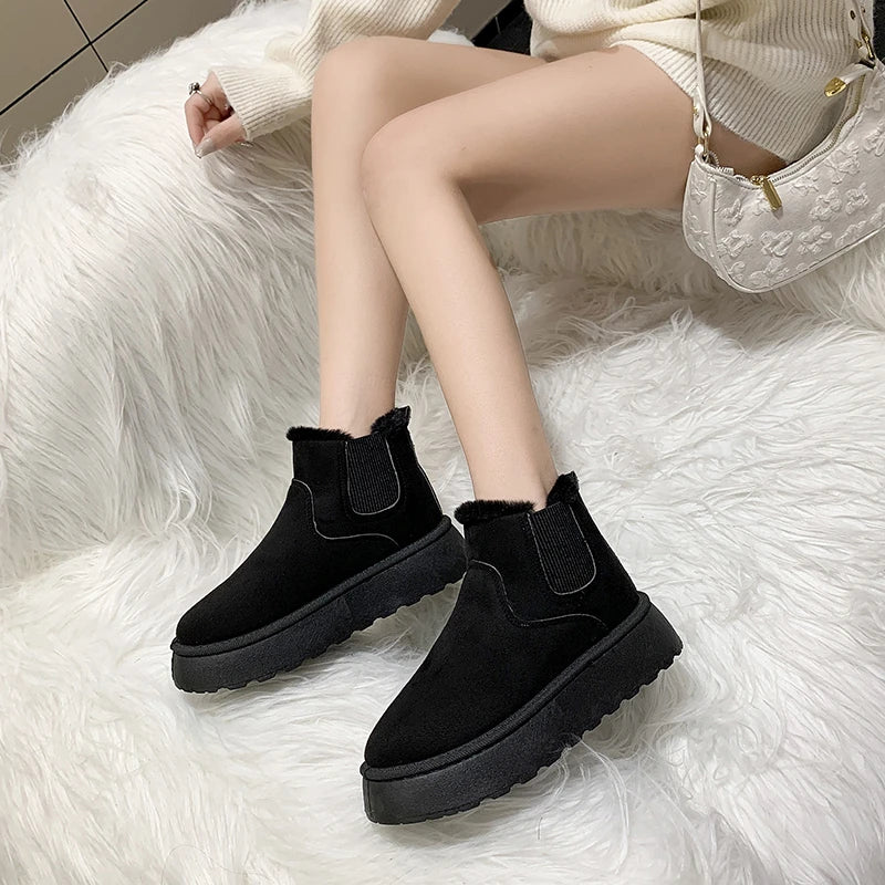 Winter Women Short Plush Warm Snow Boots Casual Shoes New Suede Fur Chelsea Ankle Boots Flats Platform Ladies Shoes Botas Mujer