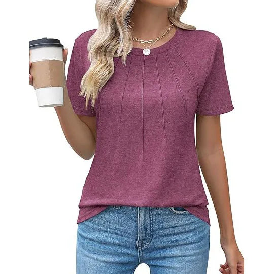 Women's Clothing European American T-shirt Tops Tees spring summer women's round neck pleated short sleeved solid color T-Shirts