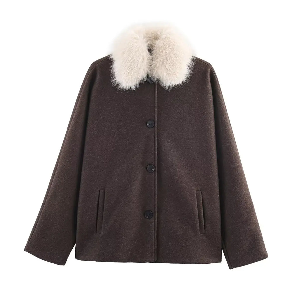 Womens Fashion Coat With Fur Collar Single Breasted Wool Coat Stylish And Versatile Suitable For Everyday And Work Wear