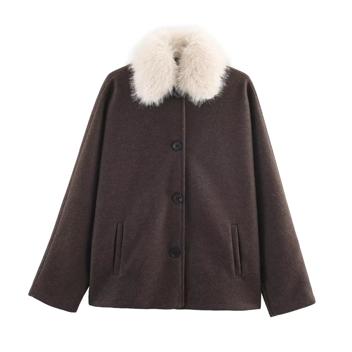 Womens Fashion Coat With Fur Collar Single Breasted Wool Coat Stylish And Versatile Suitable For Everyday And Work Wear