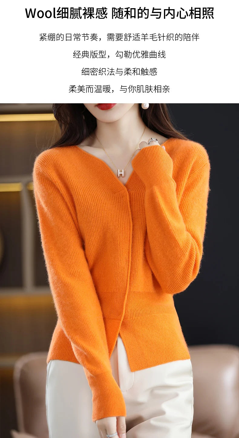 Cashmere Sweater Women's Cardigan Scissors Collar Hidden Buckle Pure Wool Sweater Autumn and Winter Coat Waist Slim Commute Top
