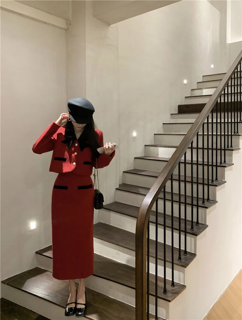 Winter Outfit Women 2024 New Elegant Lady Thickened 2 Pieces Sets Women Sweet Fashion Short Coat High Waist Long Skirt Suits