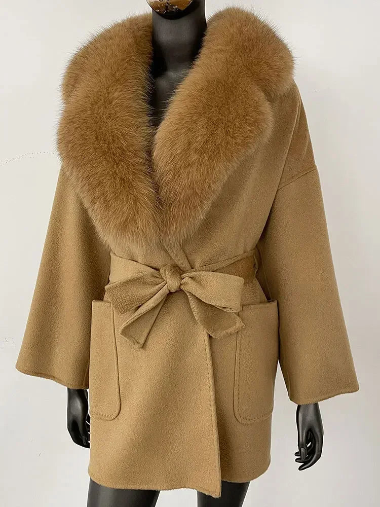 2025 Winter Fashion Women Double-sided Wool Cashmere Coat with Detachable Natural Fox Fur Collar Luxurious Genuine Fur Coat