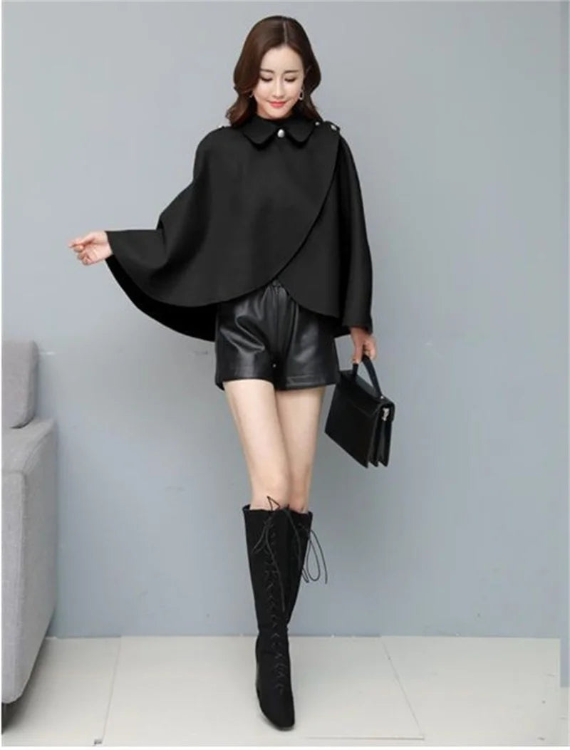 Fashion Woolen Shawl Coat For Women 2025 Autumn Winter New Woolen Jacket Short Outerwear Cape Red Black Coat Tops Female