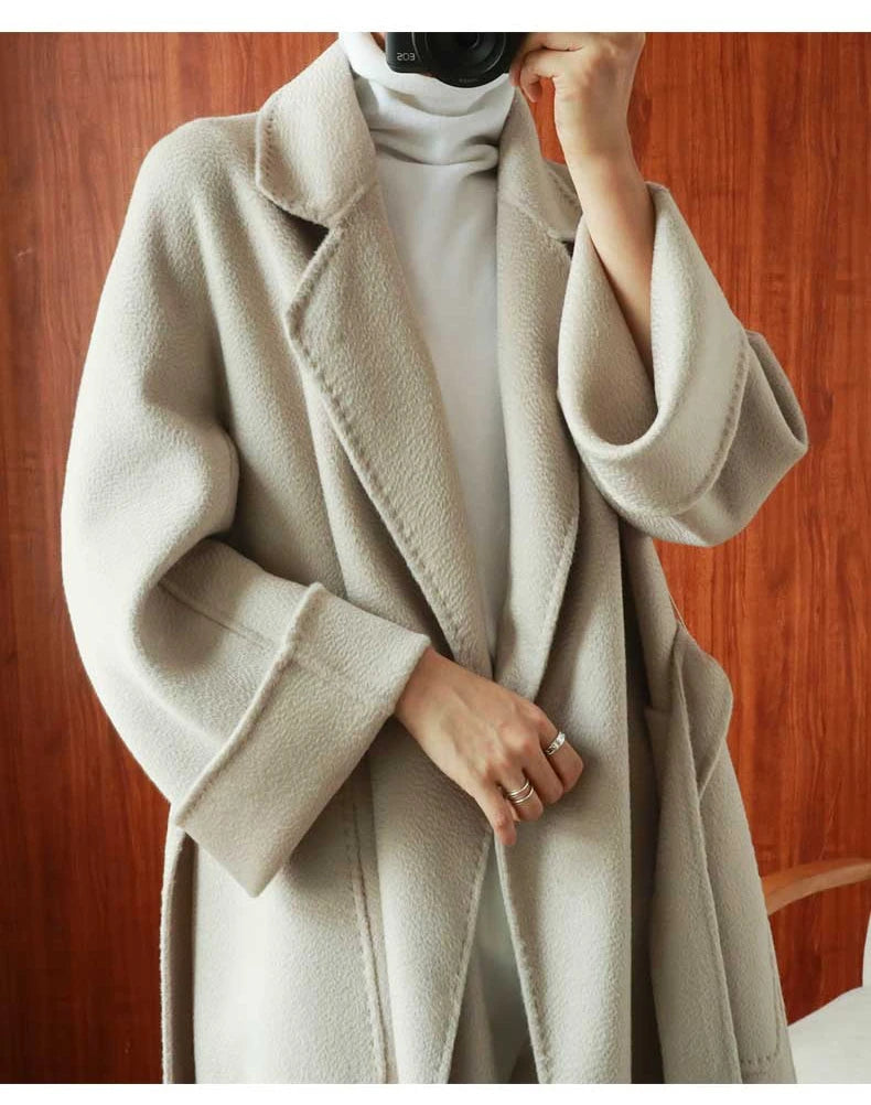 Women Double-Sided 20% Cashmere Wool Coat Jacket Women Long Beautiful Woolen Winter Autumn Warm Fashion Water Ripple Cloak