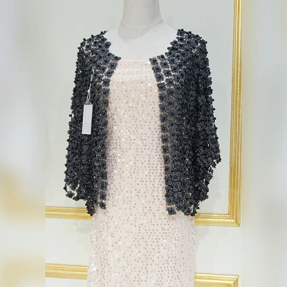 Women Beads Coat Style Women Perspective Shawl Fashion Hollow Out Lace Boleros Short Sleeve Coats Jackets Femal