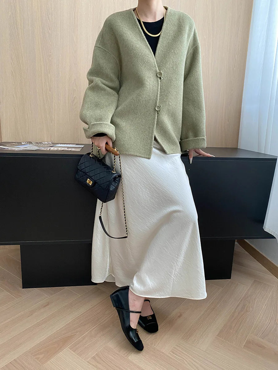 Winter women's casual solid color V-neck double-sided woolen coat jacket