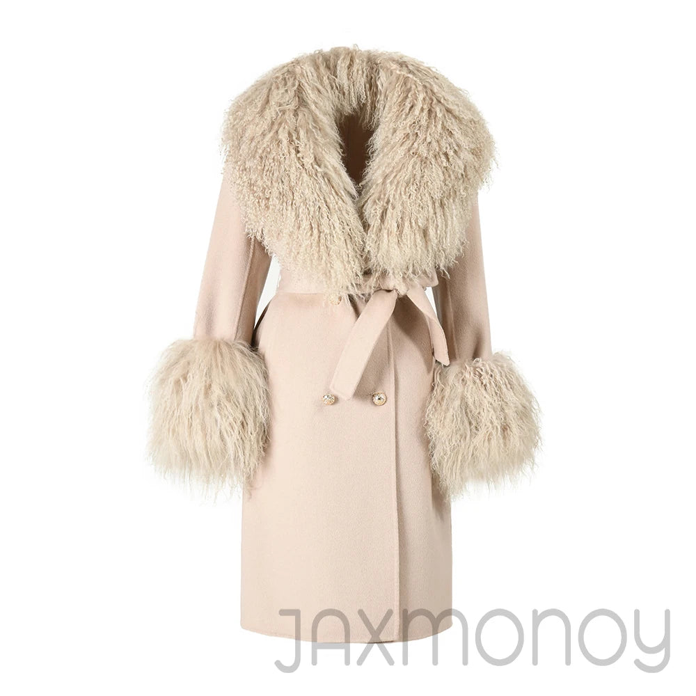 Women Cashmere Wool Coat With Real Mongolian Sheep Fur Collar  Ladies Autumn Winter Fashion Long Outwear Full Sleeve Fur Jacket