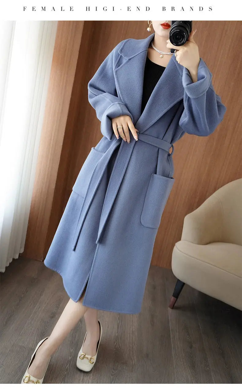 2024 Women's Wear 100% Wool Coat Autumn/Winter Fashion Temperament Double sided Cashmere Coats with Belt Elegant Long Overcoat