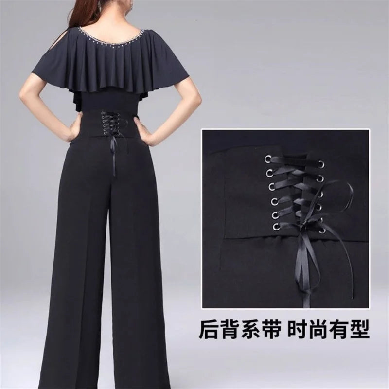 Women Trousers Latin Dance Pants Modern Dance Ballroom Dancing Wide-Leg Pants Ladies High Waist Casual Loose Chiffon Trousers