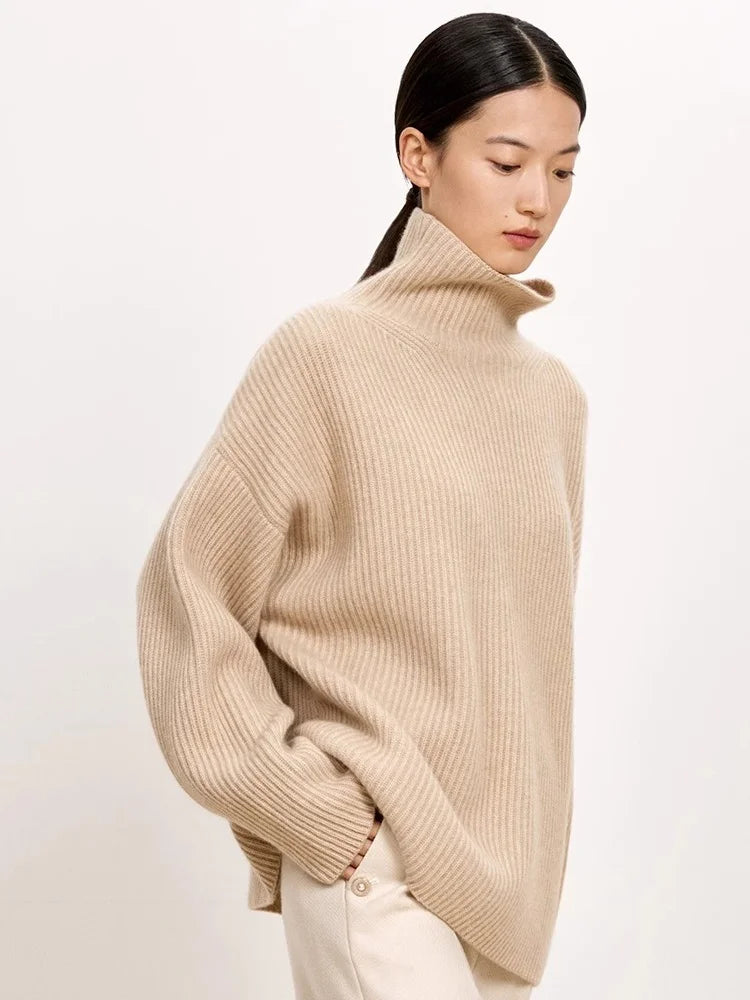 Women's High-Necked Cashmere Sweater Loose Padded Bottoming Pullover Autumn Winter Warm Lazy Wind Style 100% Pure Wool
