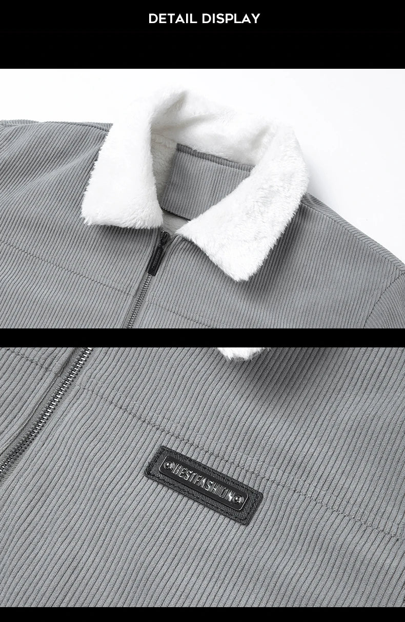 Winter Men Fleece Jacket Padded Warm Loose Parka Coat Corduroy Short Jacket Man Solid Fur Collar Windbreaker Cotton Jackets