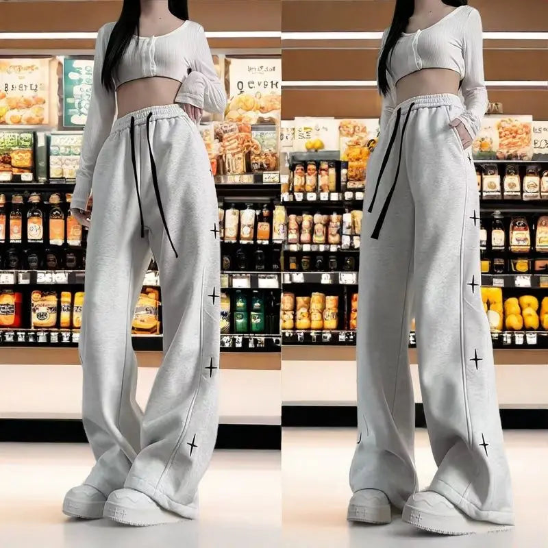 Wide-leg Trousers for Women Spring Summer Loose Thin Style Trendy for Students Petite Casual Sportswear, Straight-leg Pants