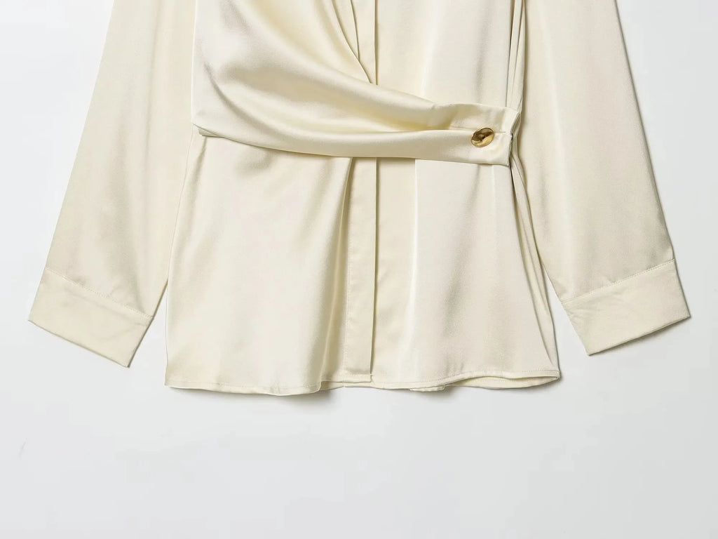 Women 2025 Autumn Winter New Silk Satin Blouse Turn-down Collar Single Breasted Long Sleeve Loose Blouse Fashion Shirt