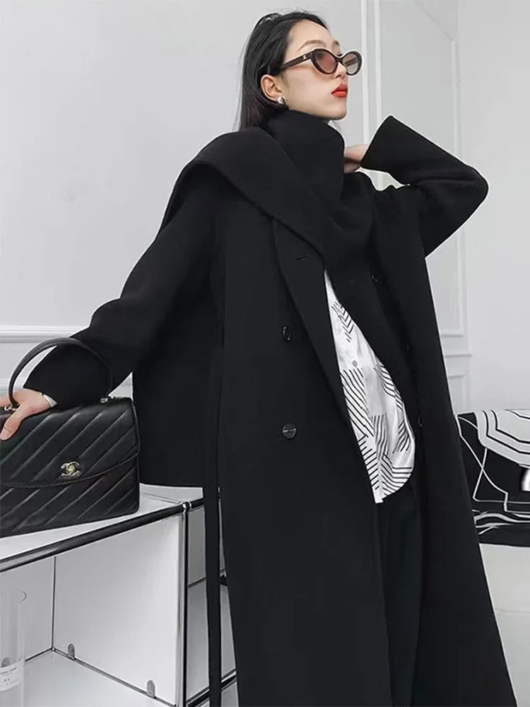 New Hand-sewn Cashmere Wool Coat Women New Mid-length Big Scarf Collar Loose Lace-up Warm Double-sided Wool Coat Fashion Winter