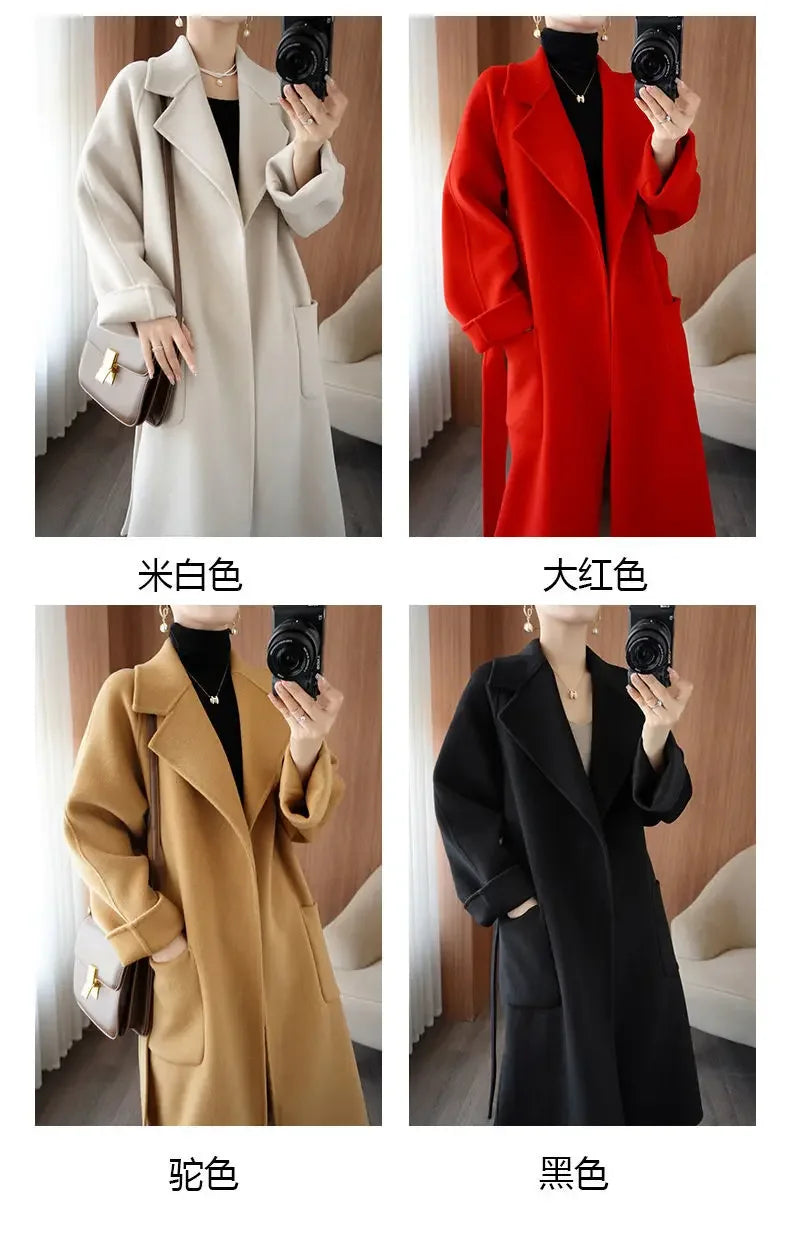 100% Wool Coat Women's Wear 2025 Autumn/Winter Fashion Temperament Double sided Cashmere Coats with Belt Elegant Long Overcoat