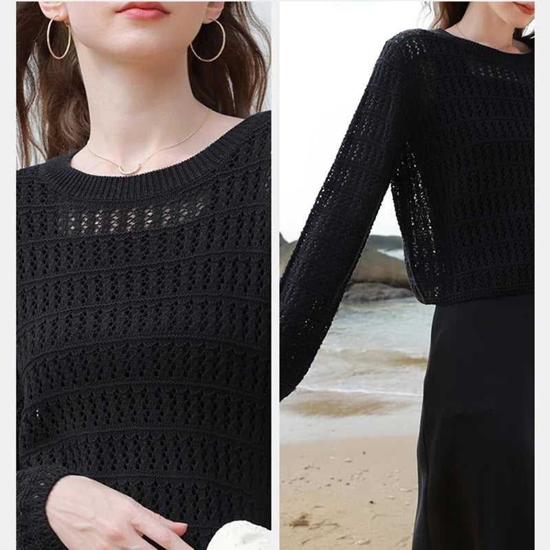 ITOOLIN Summer Women Long Sleeve Loose Casual Top Hollow Out Sexy Knit Shirt Beach Solid Y2k Pullovers Streetwear T-shirt 2024