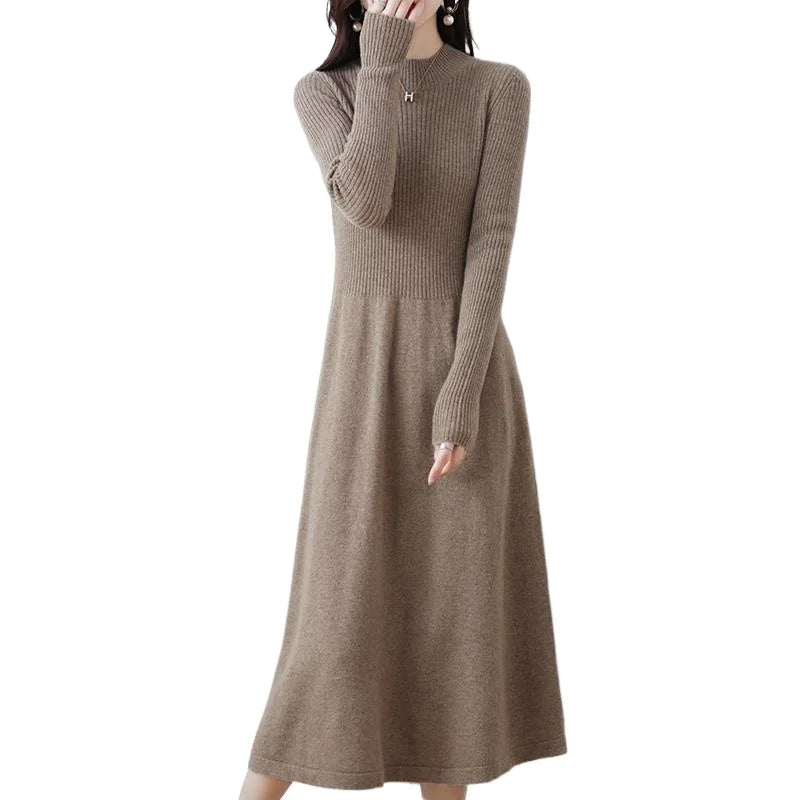 Wool Dress Long Cashmere Waist Over Knee Knit Sweater Skirt Elegant and Fashionable Women's Clothing in Autumn and Winter