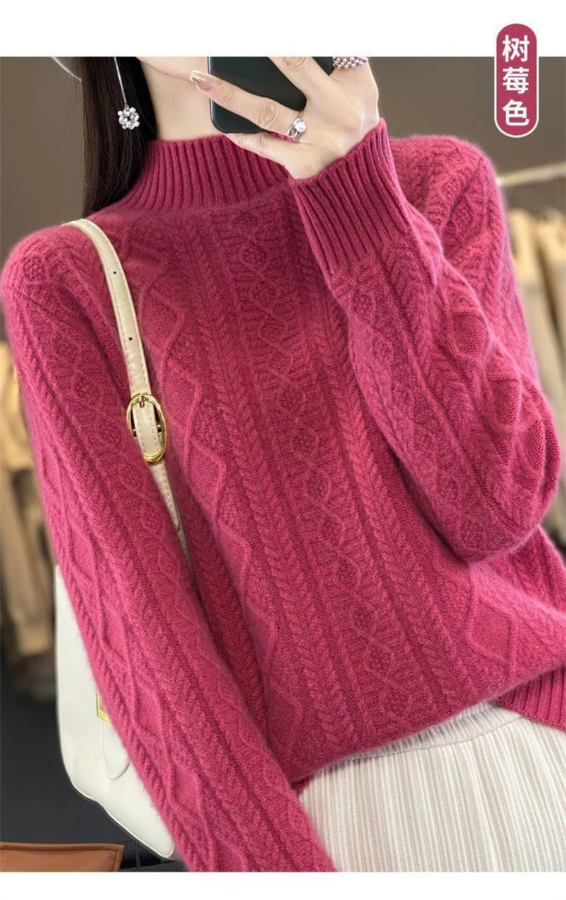 2024 New Women Autumn Winter Sweater Thick 100% Merino Wool Turtleneck Casual Cashmere Knitwaer Pullover Korean Fashion Tops