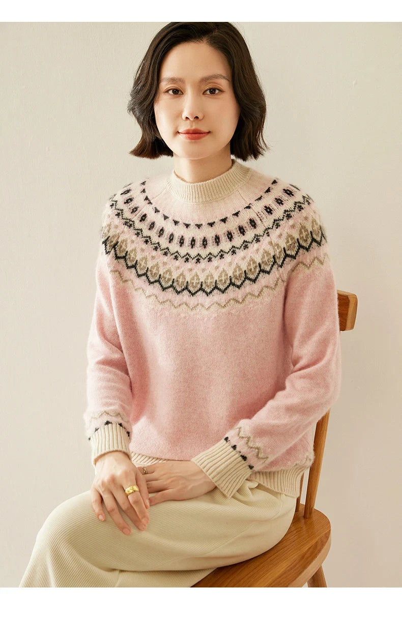 Autumn And Winter New Cashmere Sweater Fashion Women's Retro Round Neck Jacquard Cashmere Knitted Bottoming Shirt With Sweater