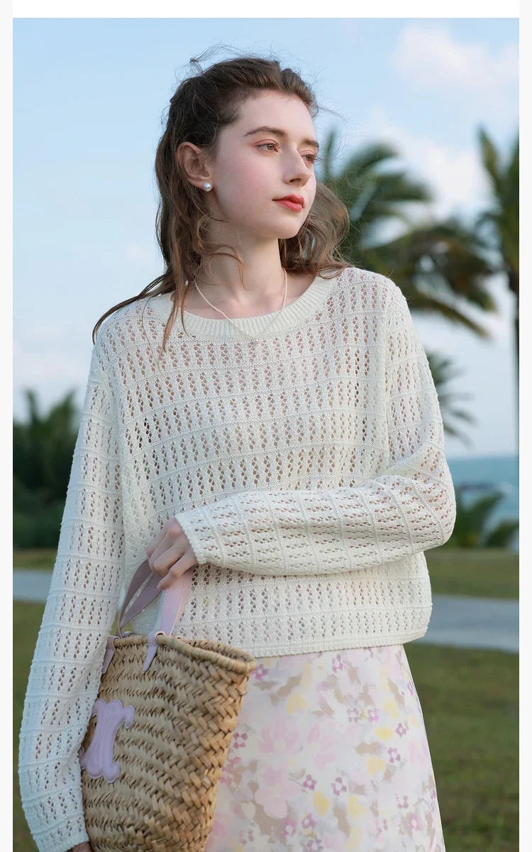 ITOOLIN Summer Women Long Sleeve Loose Casual Top Hollow Out Sexy Knit Shirt Beach Solid Y2k Pullovers Streetwear T-shirt 2024