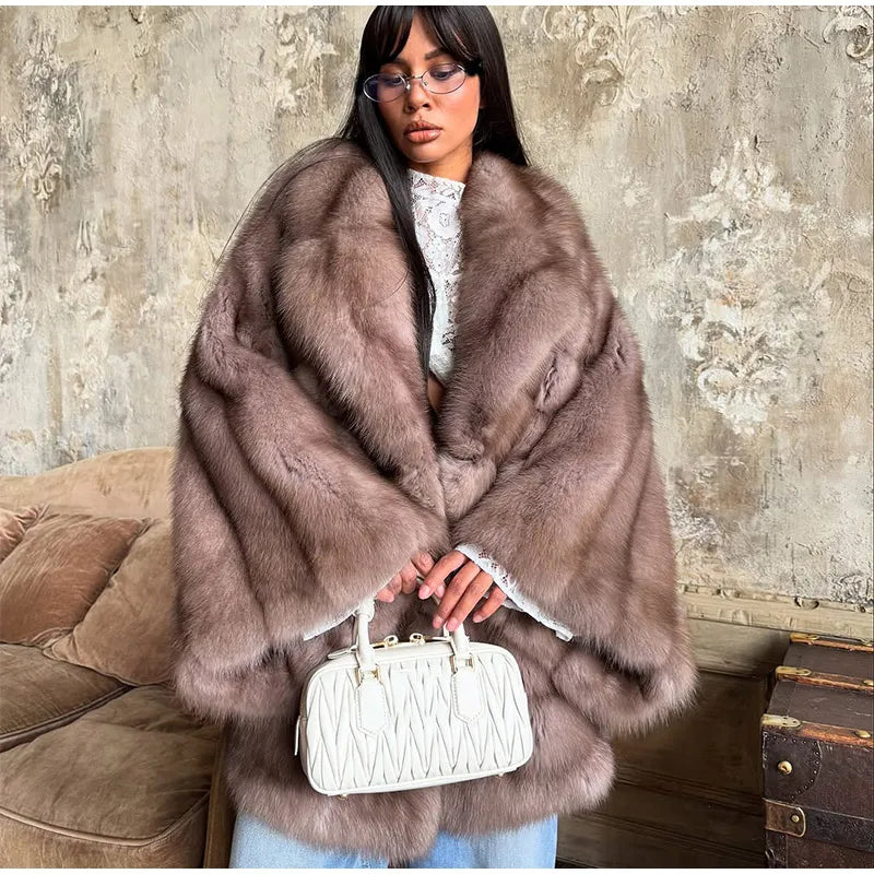 Fashion Medium-length Fur Coat Women Elegant Solid Lapel Hidden Button Loose Coats Lady 2025 Winter New Commute Office Outerwear