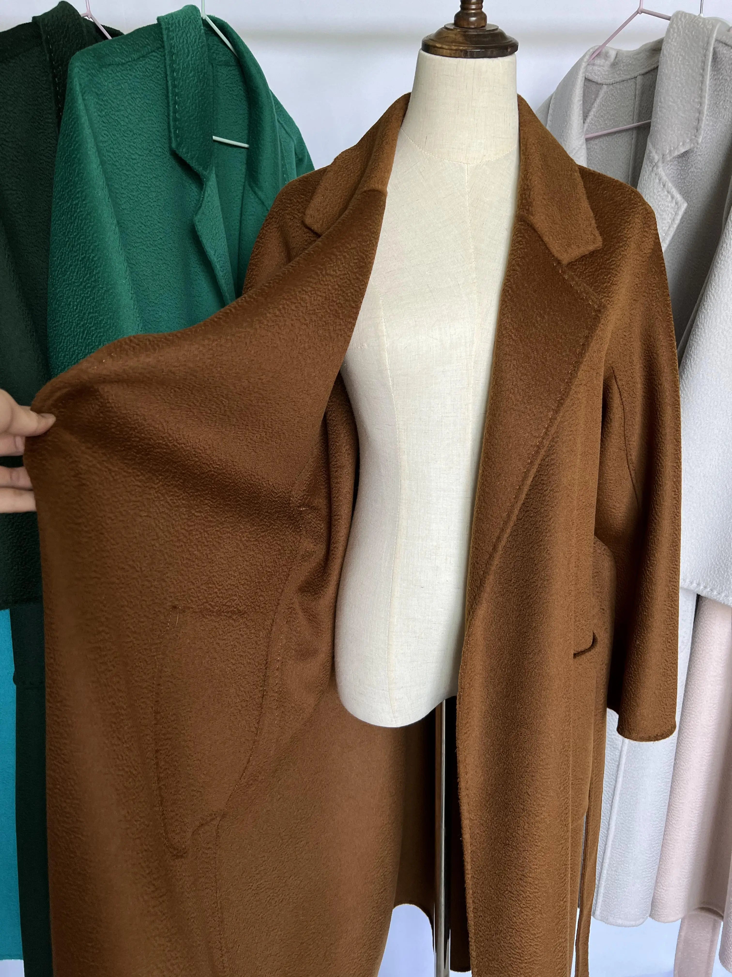 Cashmere Coat Female Winter Mid-Length Corrugated Coat Black Wool Coat Woman Autumn New Casual Fashion Red Beige Lace-Up Coat