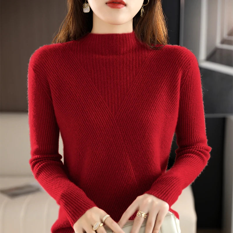 Cashmere Sweater Women Pure Color Half high collar Casual Long-sleeved Loose Pullover Cashmere Sweater Women's