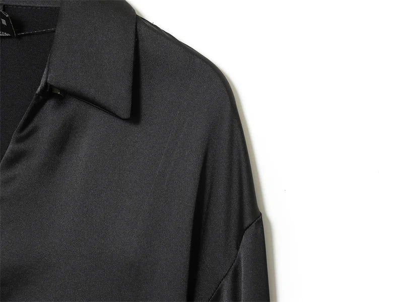 Women's Shirt 2025 Autumn New Arrival Black Long-Sleeve Satin Tie Simple Style Shirt Casual Fashion Elegant and Graceful